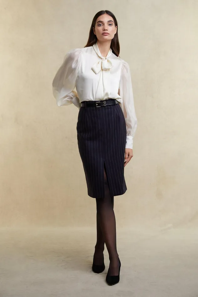 Holland Cooper Mayfair Pencil Skirt Navy Chalk Pinstripe Women Skirts