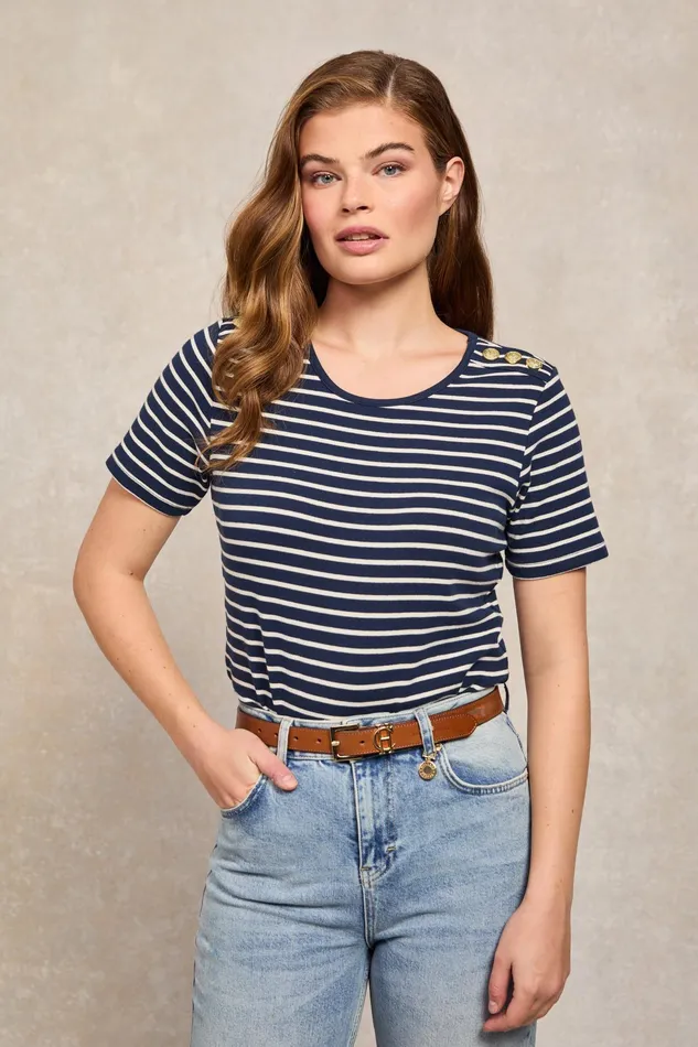 Holland Cooper Padstow Crew Neck Tee Ink Navy Natural Stripe Women Tees