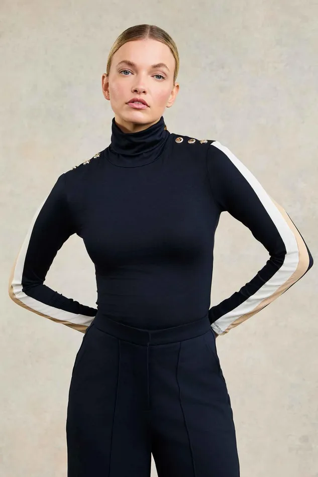 Holland Cooper Panel Long Sleeve Roll Neck Navy Ecru Women Tops Holland Cooper Panel Long Sleeve Roll Neck Navy Ecru Women Tops