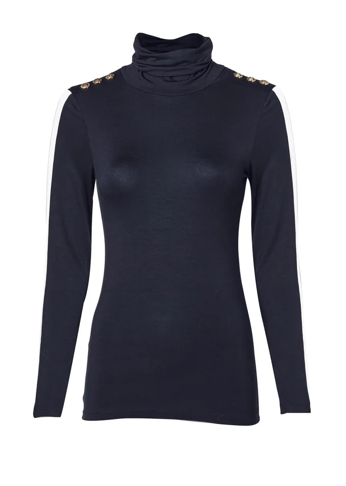 Holland Cooper Panel Long Sleeve Roll Neck Navy Ecru Women Tops Holland Cooper Panel Long Sleeve Roll Neck Navy Ecru Women Tops