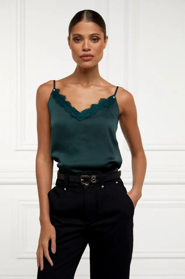 Holland Cooper Satin Lace Cami Emerald Women Tops