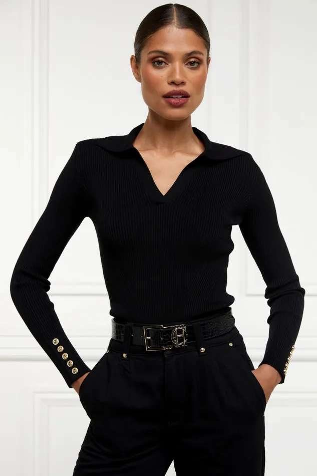 Holland Cooper VNeck Rib Top Black Women Tops