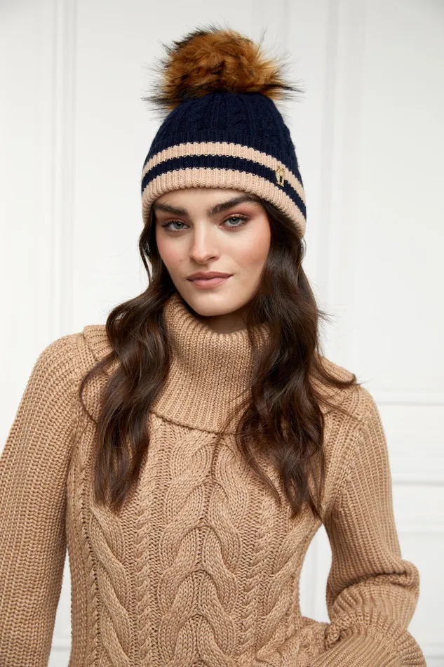 Holland Cooper Zoe Bobble Hat Ink Navy Stripe Women Hats and Headbands Holland Cooper Zoe Bobble Hat Ink Navy Stripe Women Hats and Headbands