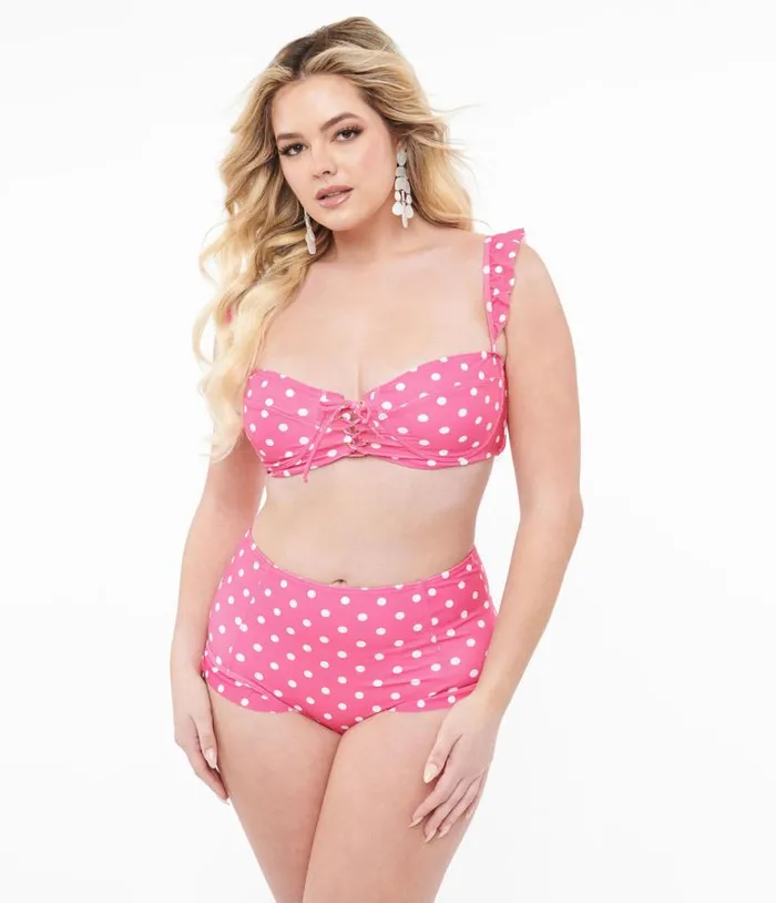 Hot Pink and White Polka Dot Two Piece Swim Set Plus Unique Vintage Two Piece Swim Hot Pink and White Polka Dot Two Piece Swim Set Plus Unique Vintage Two Piece Swim