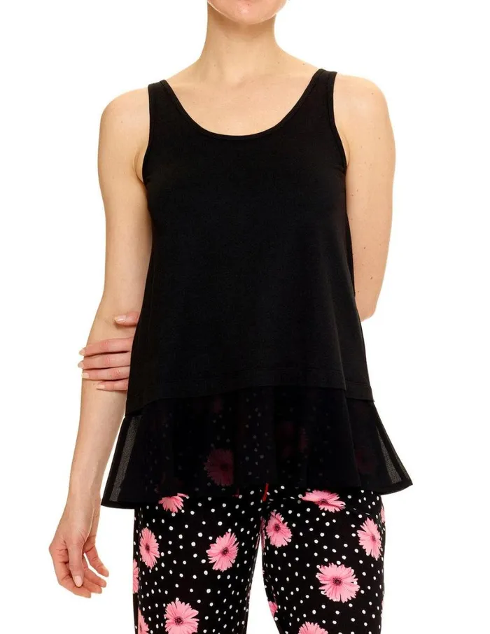 Hue Flounce Hem Scoop Neck PJ Tank Black Women Tops