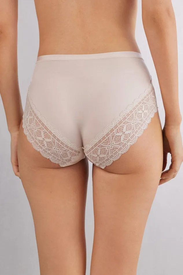 Intimissimi Boyshorts and Hipsters Women High Waist Panties In Ultralight Microfiber With Lace Natural 2280 8211 Avorio Crema
