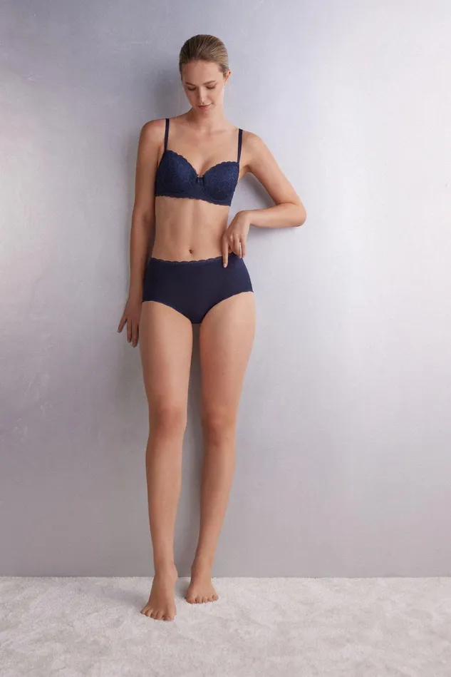 Intimissimi HighWaisted Briefs Women High Rise Cotton And Lace Hipsters Blue 1467 8211 Intense Blue