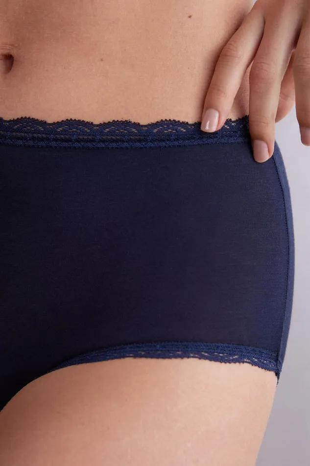 Intimissimi HighWaisted Briefs Women High Rise Cotton And Lace Hipsters Blue 1467 8211 Intense Blue