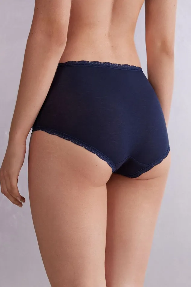 Intimissimi HighWaisted Briefs Women High Rise Cotton And Lace Hipsters Blue 1467 8211 Intense Blue