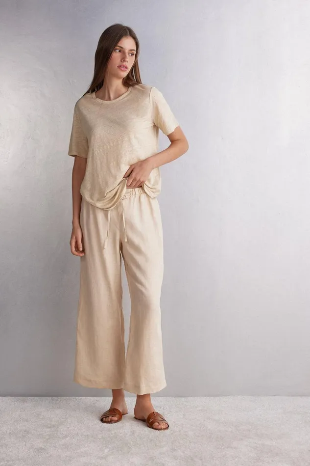Intimissimi Leggings Pants Women Full Length Linen Cloth Pants With Drawstring Natural 913i 8211 Rope Beige