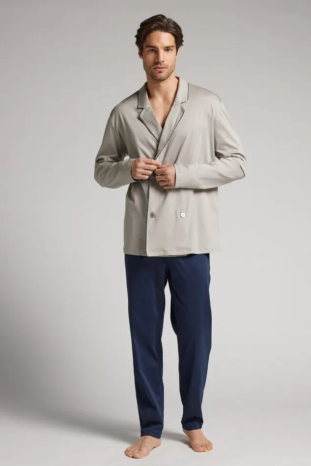 Intimissimi Long Pajamas Men Double Breasted Full Length Cotton Pajamas Blue 506j 8211 Pearl Grey
