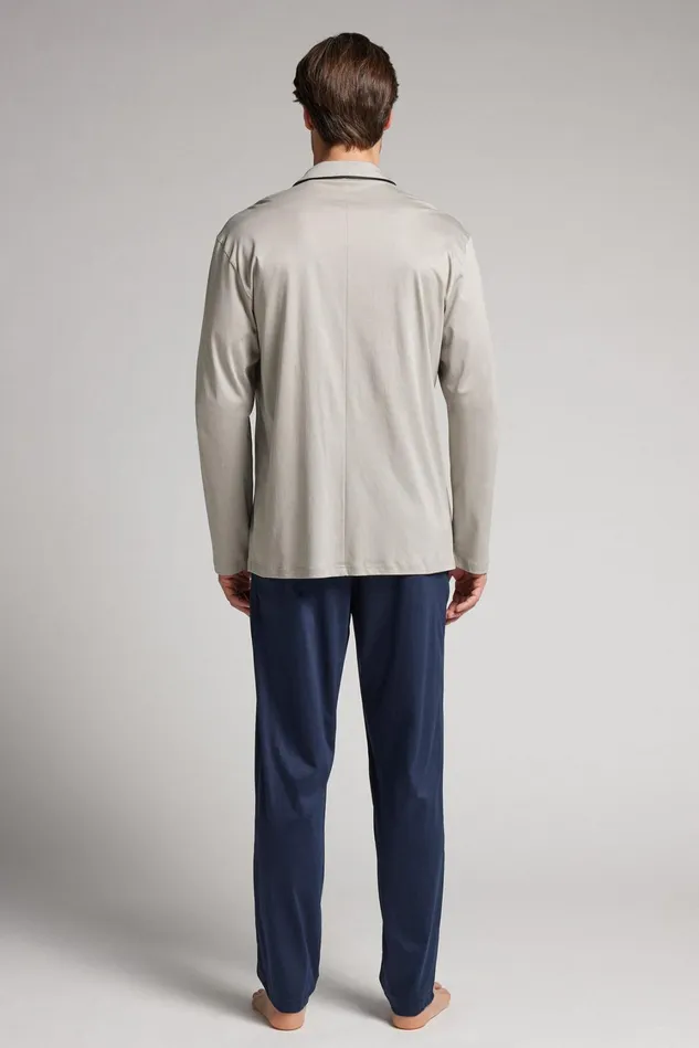 Intimissimi Long Pajamas Men Double Breasted Full Length Cotton Pajamas Blue 506j 8211 Pearl Grey