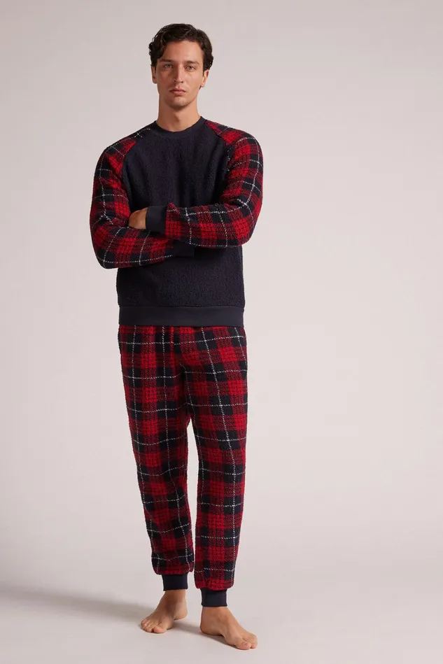 Intimissimi Long Pajamas Men Red Tartan Polar Fleece Full Length Pajamas Blue 754j 8211 Stampa Tartan Rosso
