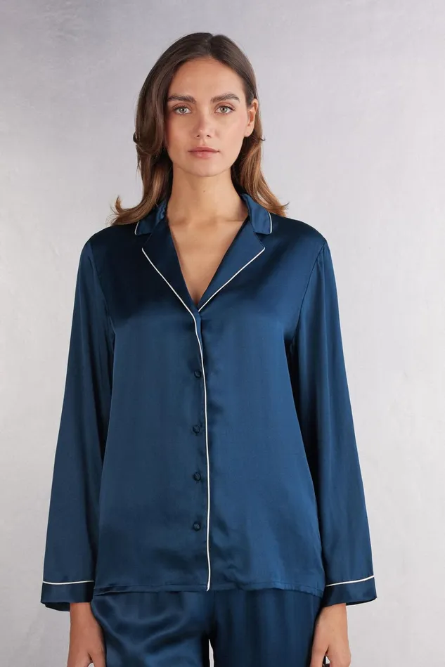 Intimissimi Long Pajamas Women MannishCut Jacket In Silk Satin Blue 1467 8211 Intense Blue