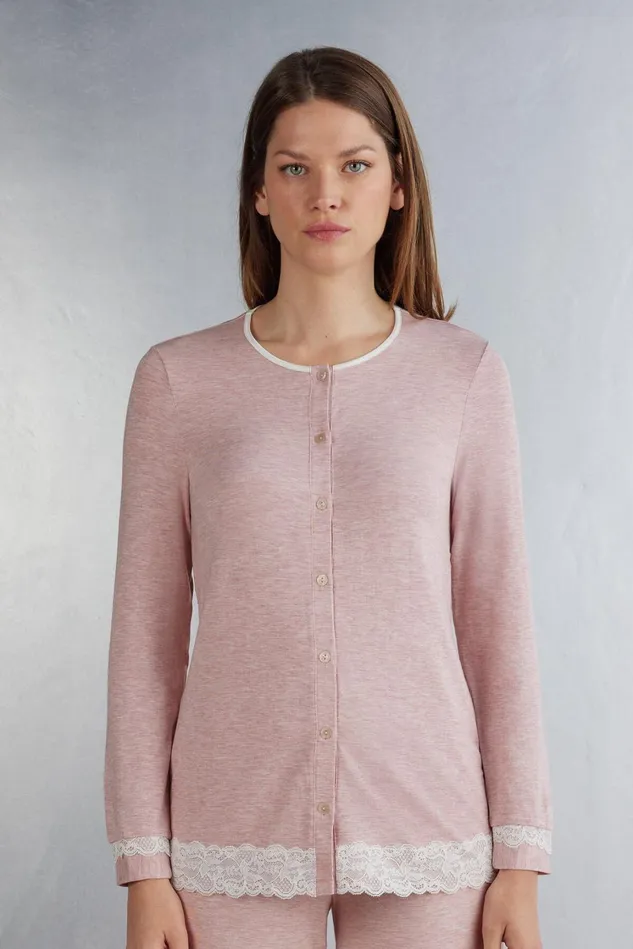 Intimissimi Long Pajamas Women Modal And Lace Cardigan Pale Pink 008j 8211 Heathered Light Pink Intimissimi Long Pajamas Women Modal And Lace Cardigan Pale Pink 008j 8211 Heathered Light Pink
