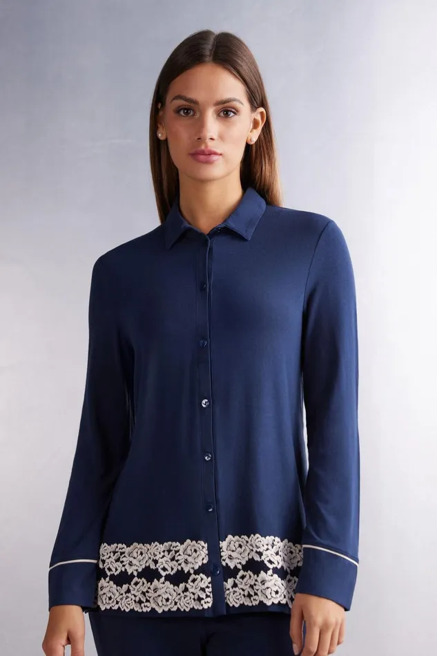 Intimissimi Long Pajamas Women Pretty Flowers Button Up Shirt In Modal Blue 347i 8211 Deep Bluevanilla Intimissimi Long Pajamas Women Pretty Flowers Button Up Shirt In Modal Blue 347i 8211 Deep Bluevanilla