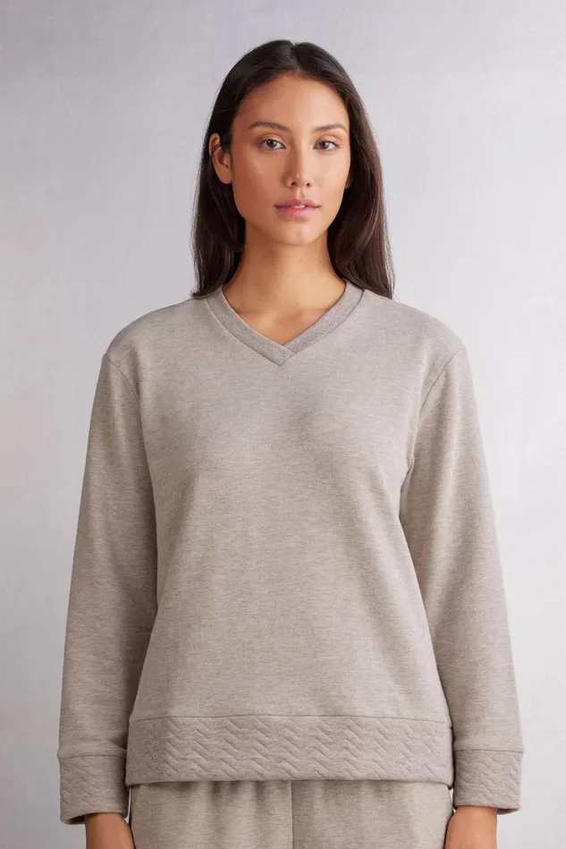 Intimissimi Long Pajamas Women Soft Chevron Long Sleeve VNeck Top Beige 775j 8211 Brown Melange Intimissimi Long Pajamas Women Soft Chevron Long Sleeve VNeck Top Beige 775j 8211 Brown Melange