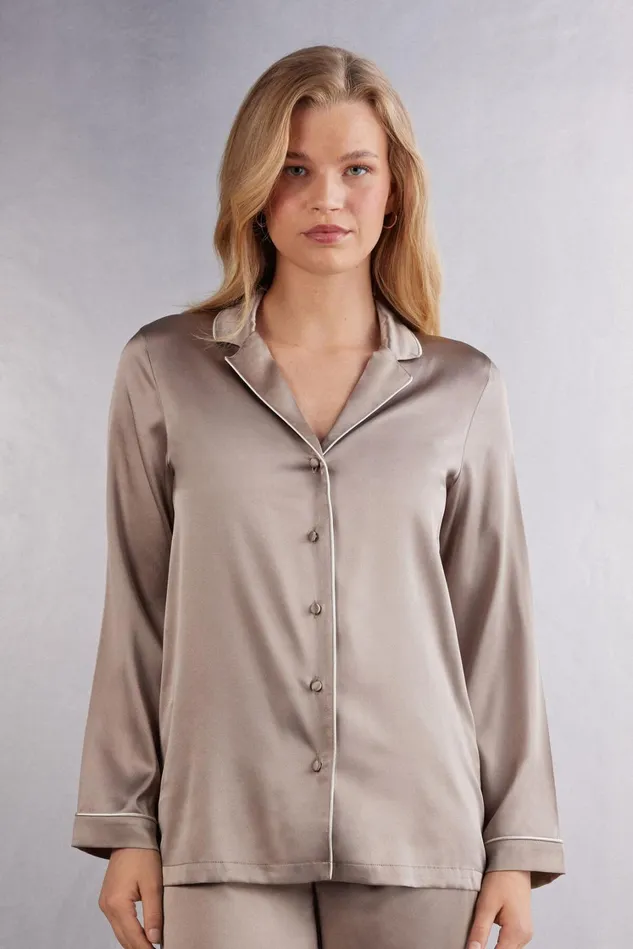 Intimissimi Long Pajamas Women Swear Cut Silk Jacket Natural 651i 8211 Powder Beige