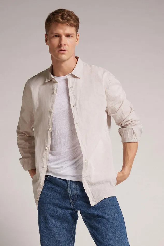 Intimissimi Long Sleeve Tops Men Linen And Cotton Shirt Natural 917i 8211 Linen White