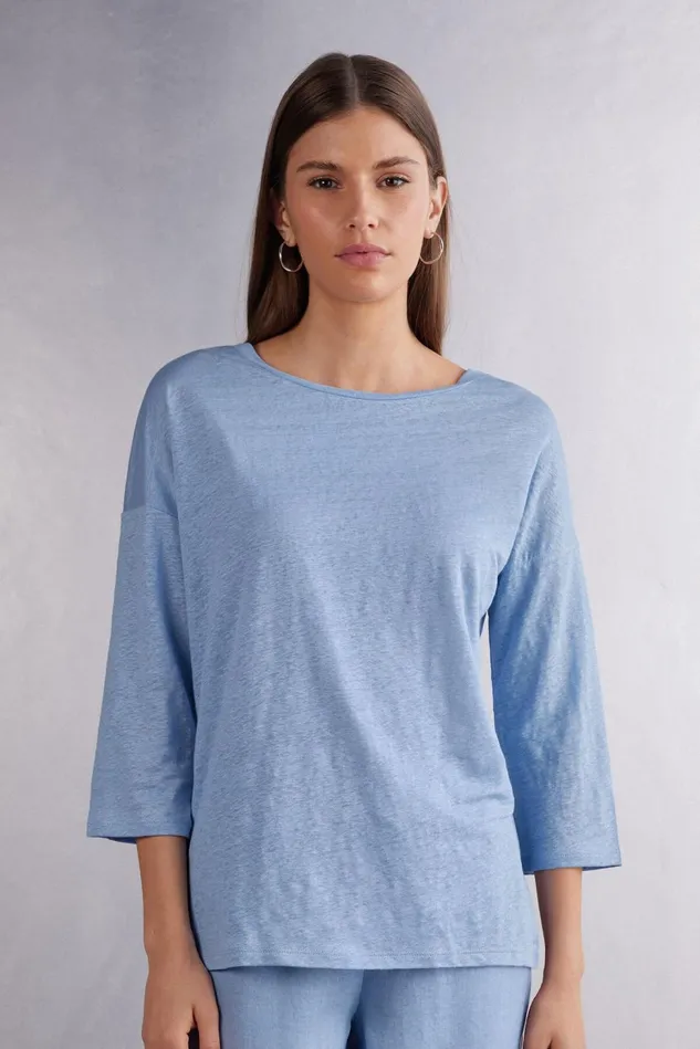 Intimissimi Long Sleeve Tops Women Linen Bateau Neck Top Light Blue 550j 8211 Dreamy Blue Intimissimi Long Sleeve Tops Women Linen Bateau Neck Top Light Blue 550j 8211 Dreamy Blue
