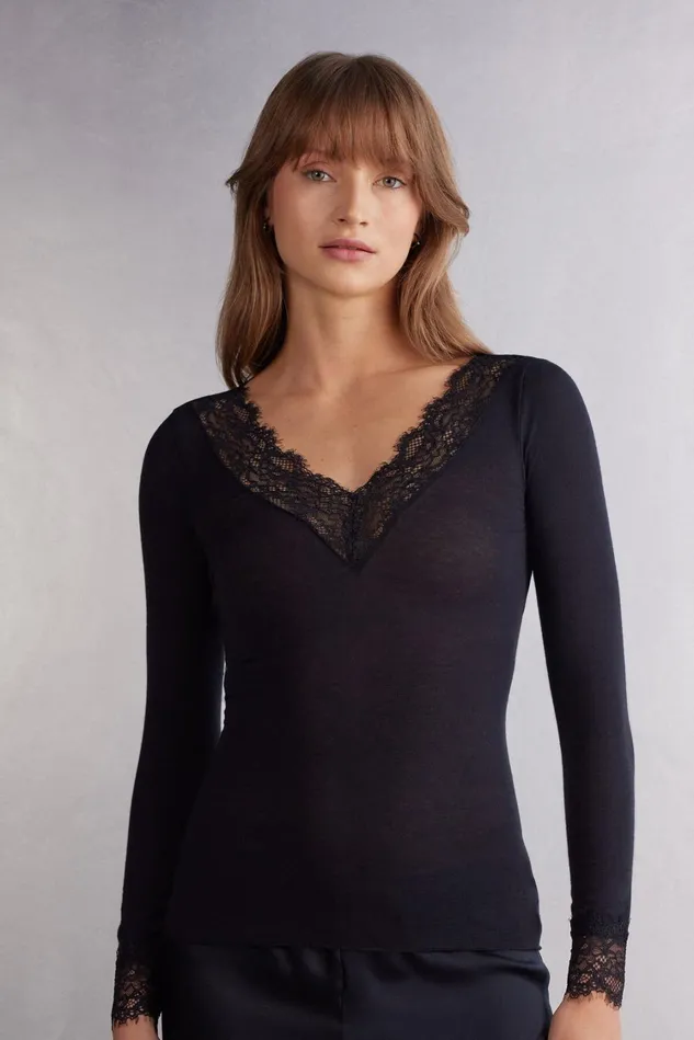 Intimissimi Long Sleeve Tops Women Modal Cashmere Ultralight Long Lace Shirt Black 019 8211 Black Intimissimi Long Sleeve Tops Women Modal Cashmere Ultralight Long Lace Shirt Black 019 8211 Black