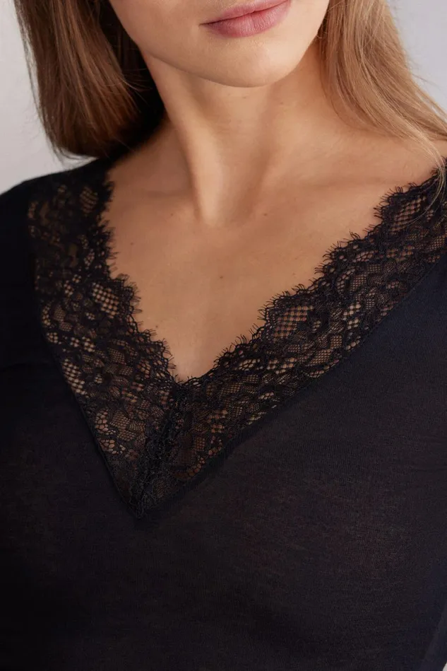 Intimissimi Long Sleeve Tops Women Modal Cashmere Ultralight Long Lace Shirt Black 019 8211 Black