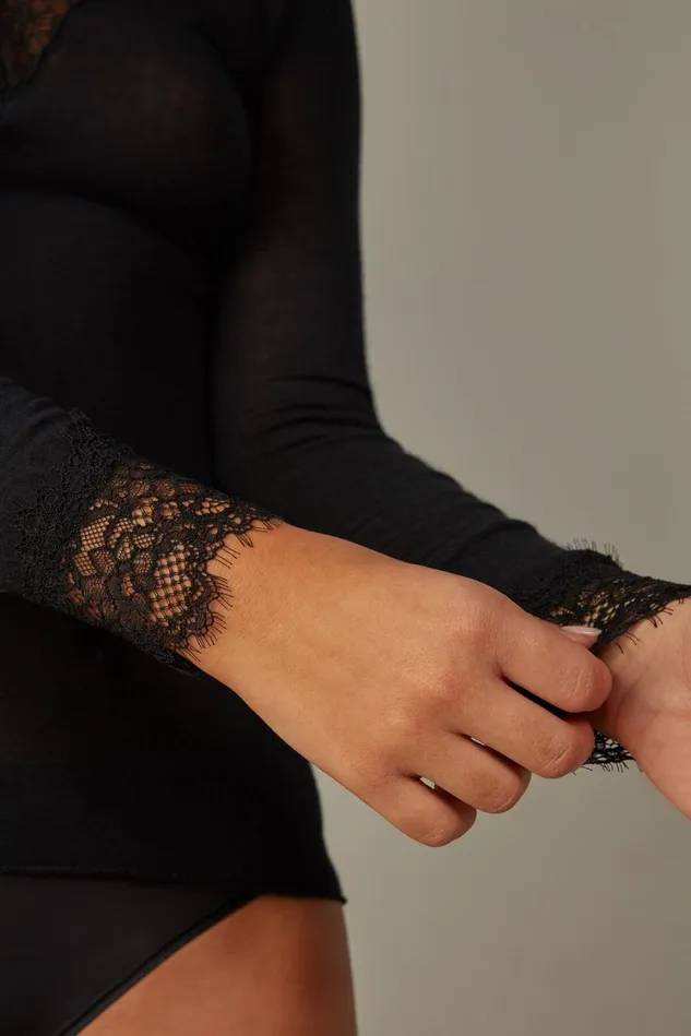 Intimissimi Long Sleeve Tops Women Modal Cashmere Ultralight Long Lace Shirt Black 019 8211 Black