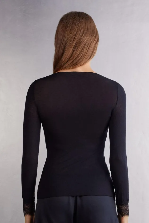 Intimissimi Long Sleeve Tops Women Modal Cashmere Ultralight Long Lace Shirt Black 019 8211 Black