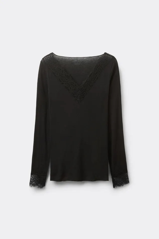Intimissimi Long Sleeve Tops Women Modal Cashmere Ultralight Long Lace Shirt Black 019 8211 Black