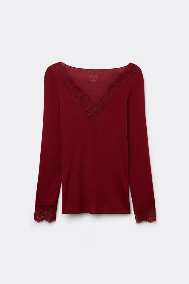Intimissimi Long Sleeve Tops Women Modal Cashmere Ultralight Long Lace Shirt Red 770j 8211 Vamp Red