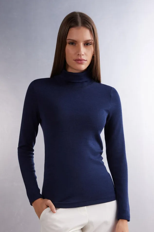 Intimissimi Long Sleeve Tops Women Wool and Cotton Long Sleeve High Collar Top Blue 1467 8211 Intense Blue Intimissimi Long Sleeve Tops Women Wool and Cotton Long Sleeve High Collar Top Blue 1467 8211 Intense Blue