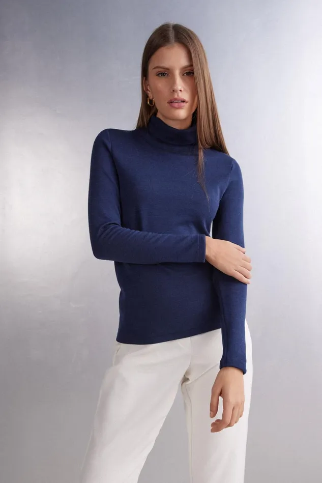Intimissimi Long Sleeve Tops Women Wool and Cotton Long Sleeve High Collar Top Blue 1467 8211 Intense Blue