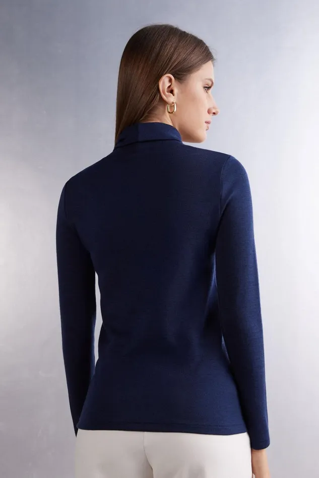 Intimissimi Long Sleeve Tops Women Wool and Cotton Long Sleeve High Collar Top Blue 1467 8211 Intense Blue