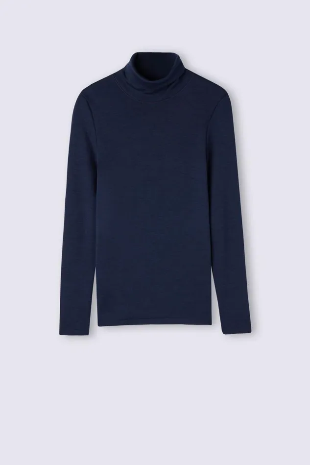 Intimissimi Long Sleeve Tops Women Wool and Cotton Long Sleeve High Collar Top Blue 1467 8211 Intense Blue
