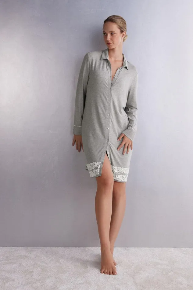 Intimissimi Nightdresses Women Pretty Flower Open Front Nightshirt Grey 329j 8211 Grey Heatherpowder White