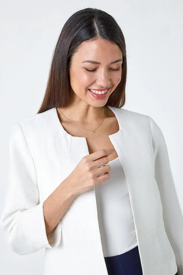 Ivory 34 Sleeve Pleated Textured Cropped Jacket Women Roman Occasionwear