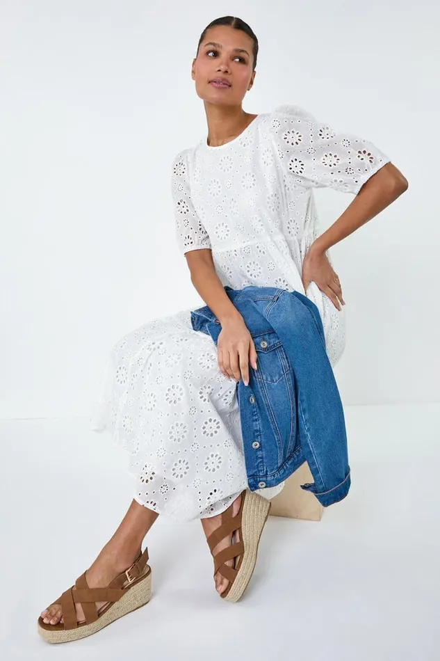 Ivory Cotton Broderie Tiered Dress Women Roman Dresses