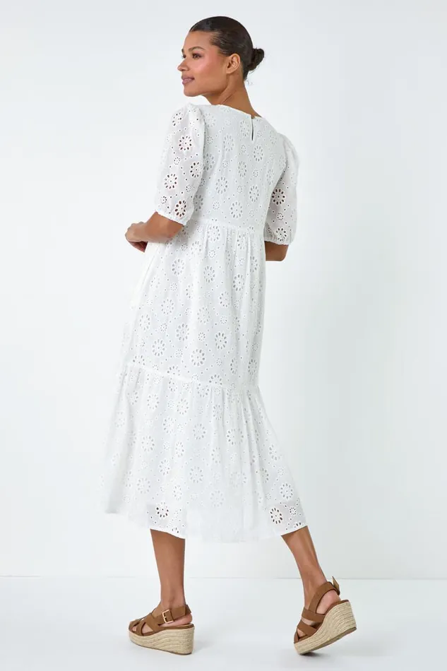 Ivory Cotton Broderie Tiered Dress Women Roman Dresses