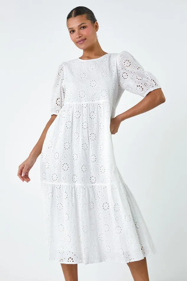 Ivory Cotton Broderie Tiered Dress Women Roman Dresses