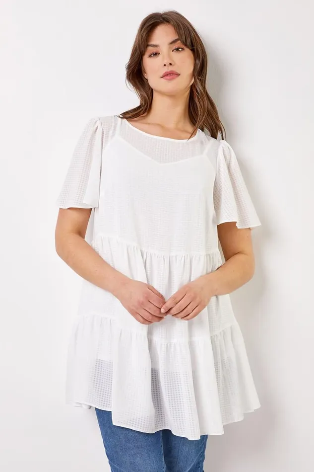 Ivory Curve Check Texture Tiered Tunic Top Women Roman Tops