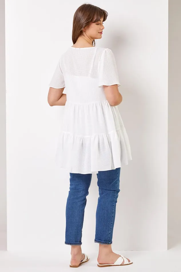Ivory Curve Check Texture Tiered Tunic Top Women Roman Tops