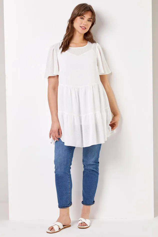 Ivory Curve Check Texture Tiered Tunic Top Women Roman Tops