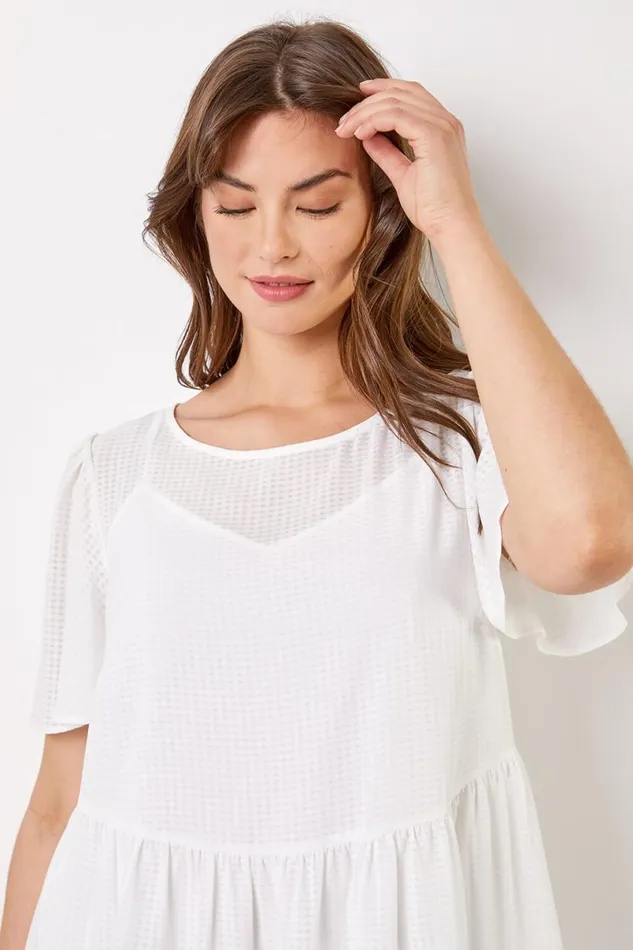 Ivory Curve Check Texture Tiered Tunic Top Women Roman Tops