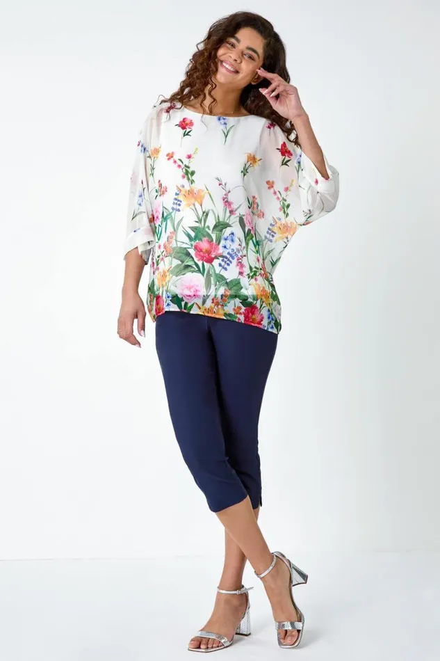 Ivory Floral Border Print Overlay Top Women Roman Tops