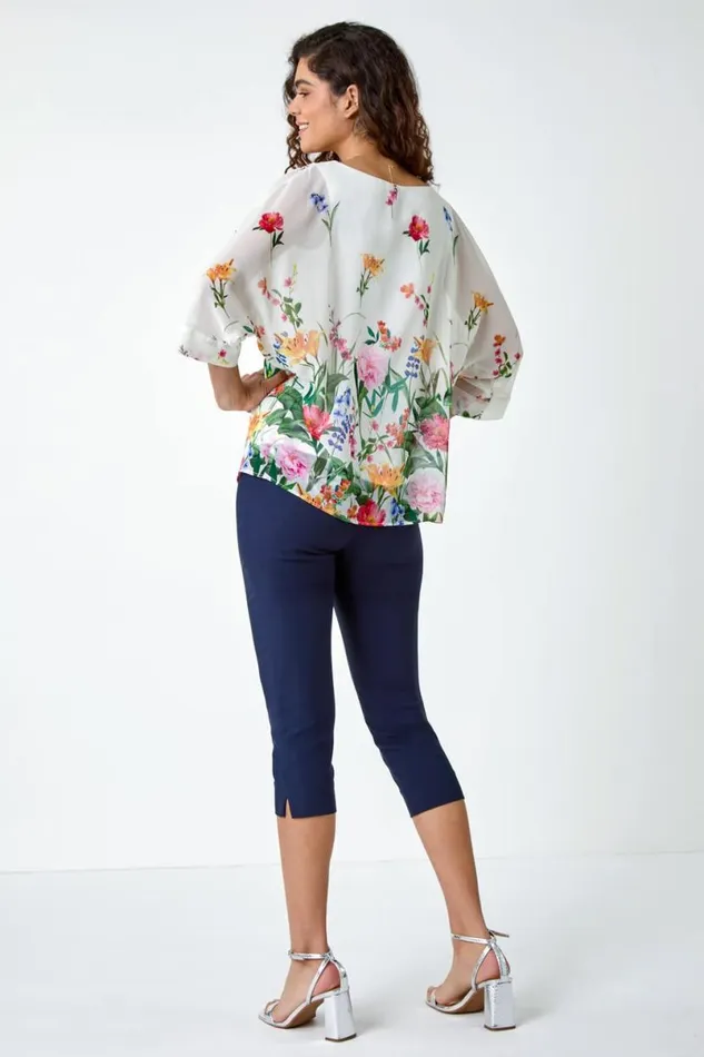 Ivory Floral Border Print Overlay Top Women Roman Tops