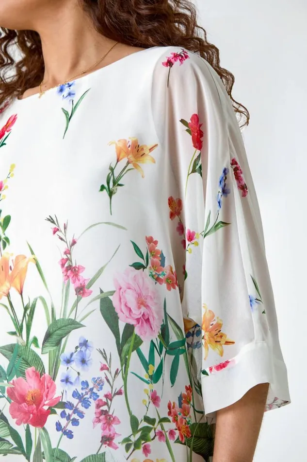 Ivory Floral Border Print Overlay Top Women Roman Tops