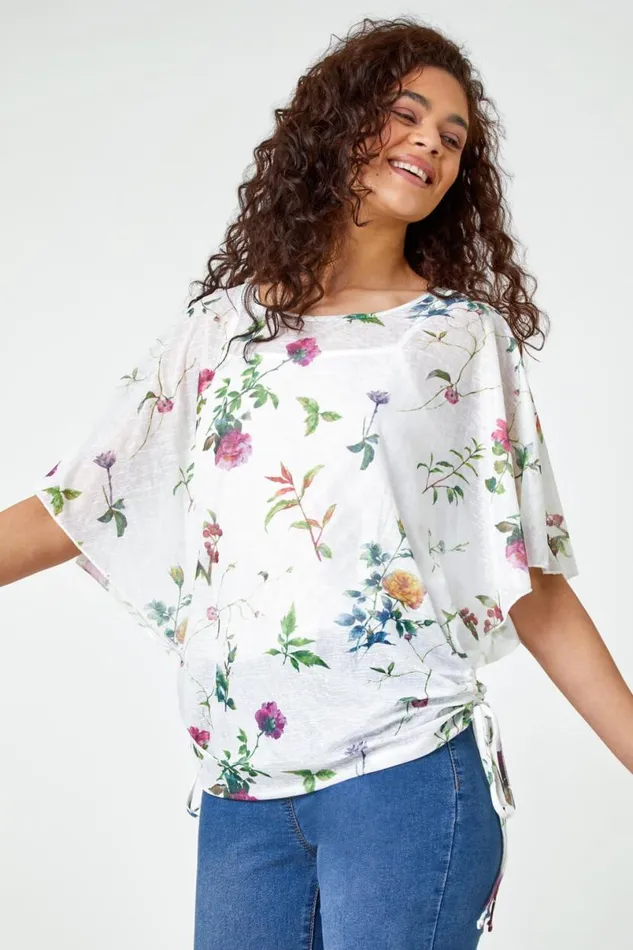 Ivory Floral Print Ruched Batwing Top Women Roman Tops
