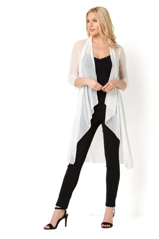 Ivory Mesh Longline Kimono Jacket Women Roman Tops