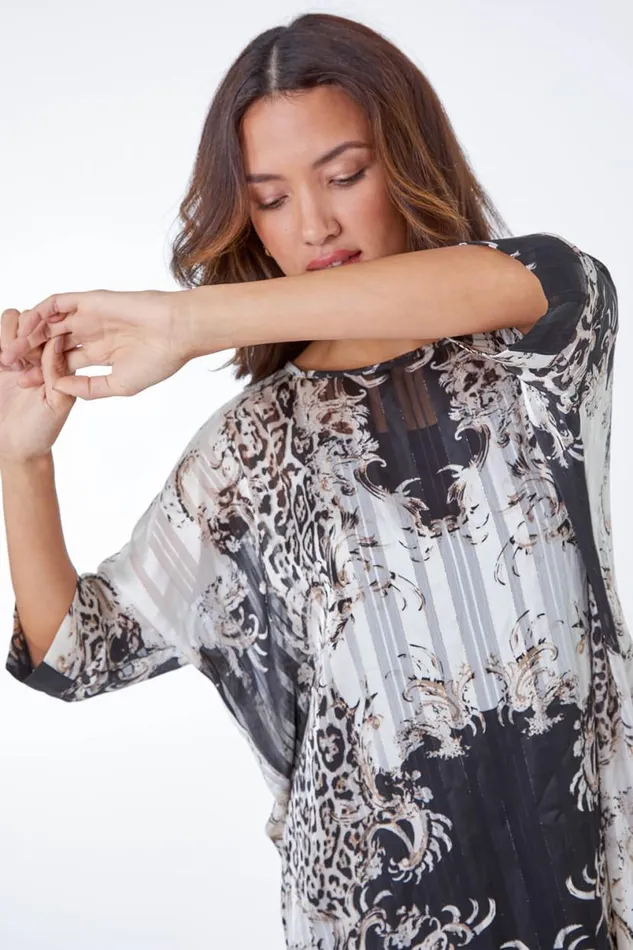 Ivory Mixed Animal Print Overlay Top Women Roman Tops
