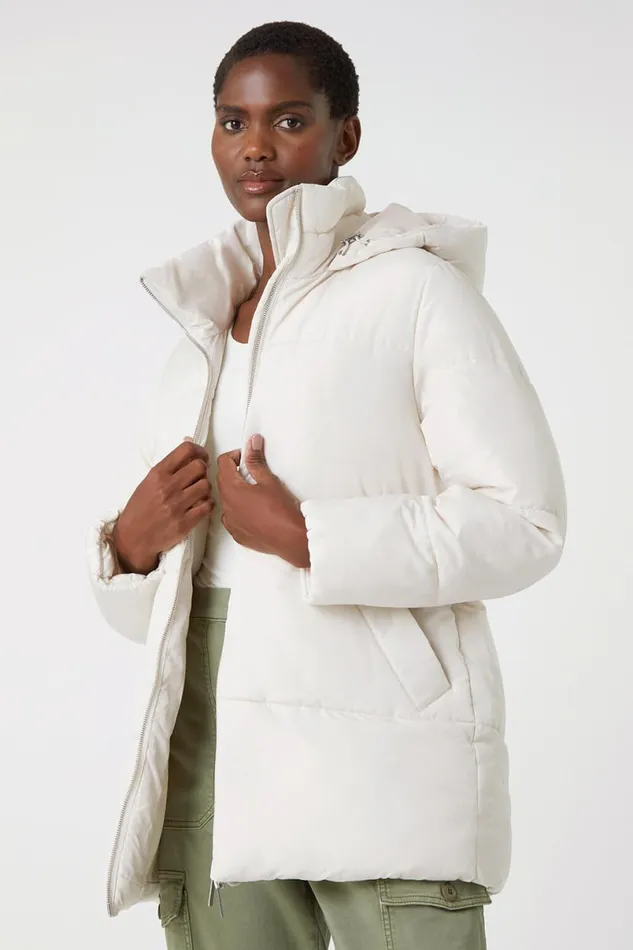 Ivory Padded Hooded Mid Length Coat Women Roman Coats